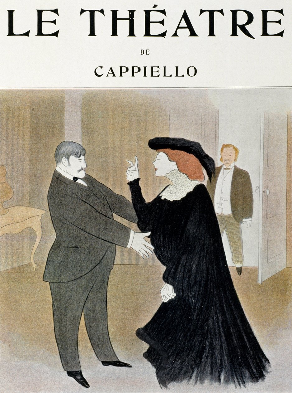 Los actores Lucien Guitry (1860-1925) y Jane Harding en una escena de La Chatelaine, representada en el Teatro Renaissance en París - portada de la revista Theatre, abril de 1903, París de Leonetto Cappiello