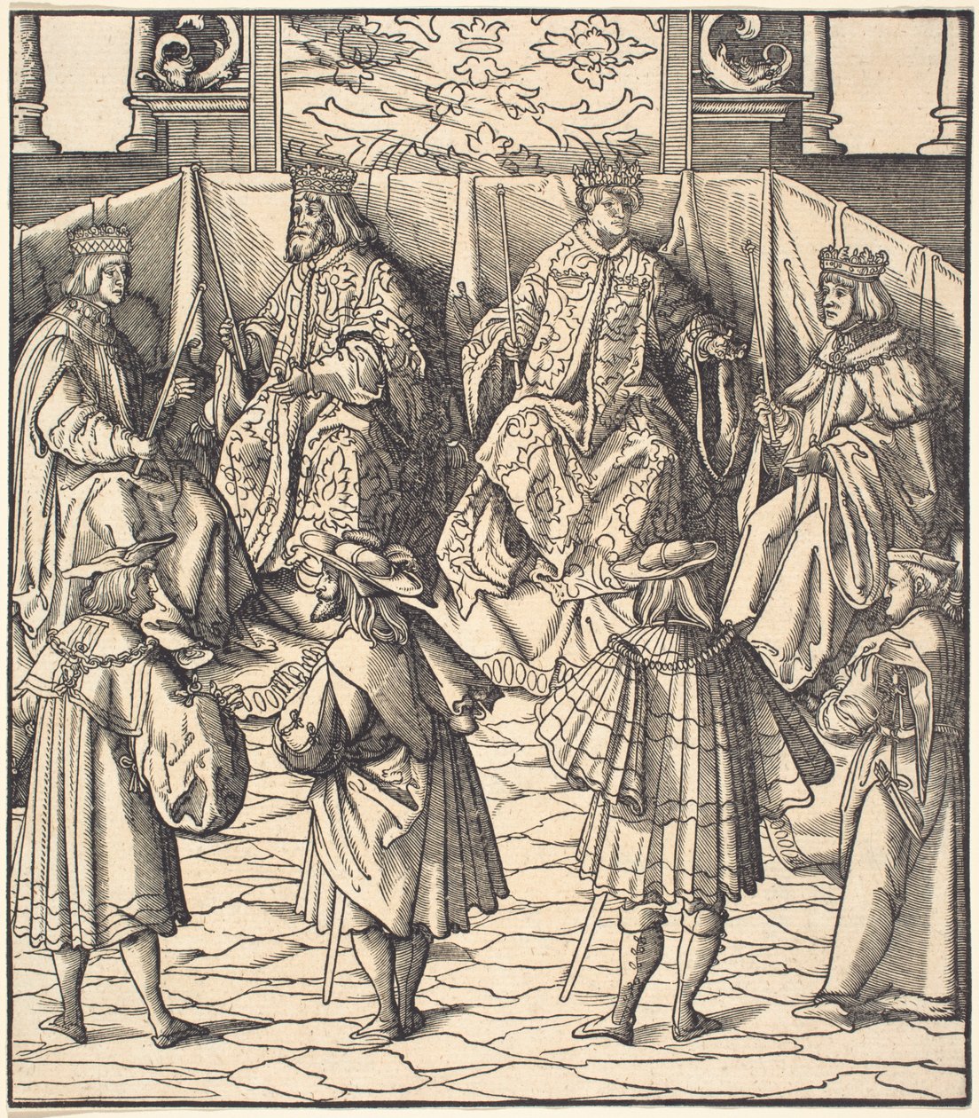 Asamblea de Cuatro Reyes, en primer plano Cuatro Hombres de Leonhard Beck