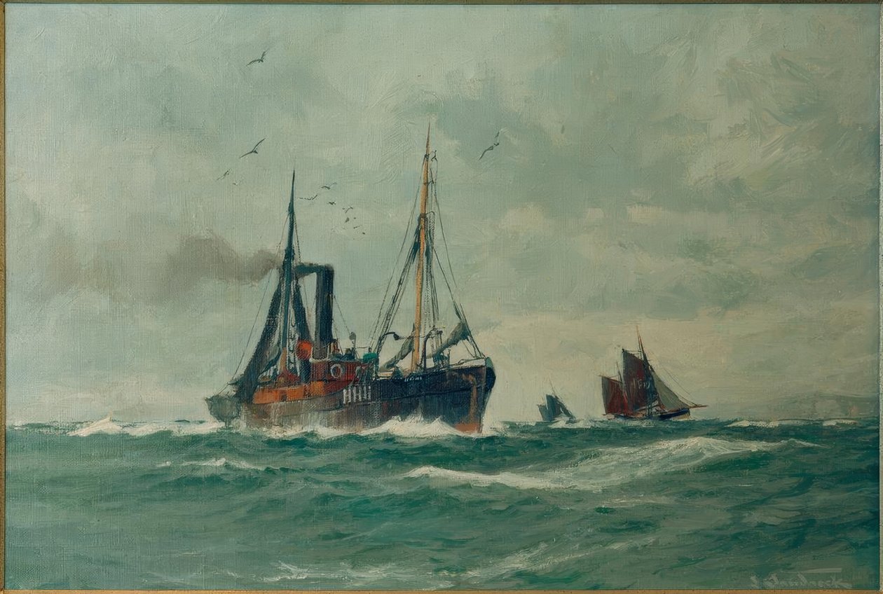Barco pesquero y dos Finkenwerder Ewer de Leonhard Sandrock
