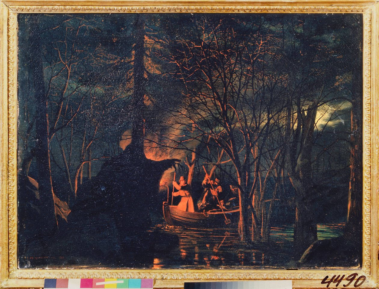 Pesca submarina nocturna. Pintura de Leonid Ivanovich Solomatkin (1837-1883), óleo sobre lienzo de Leonid Ivanovich Solomatkin