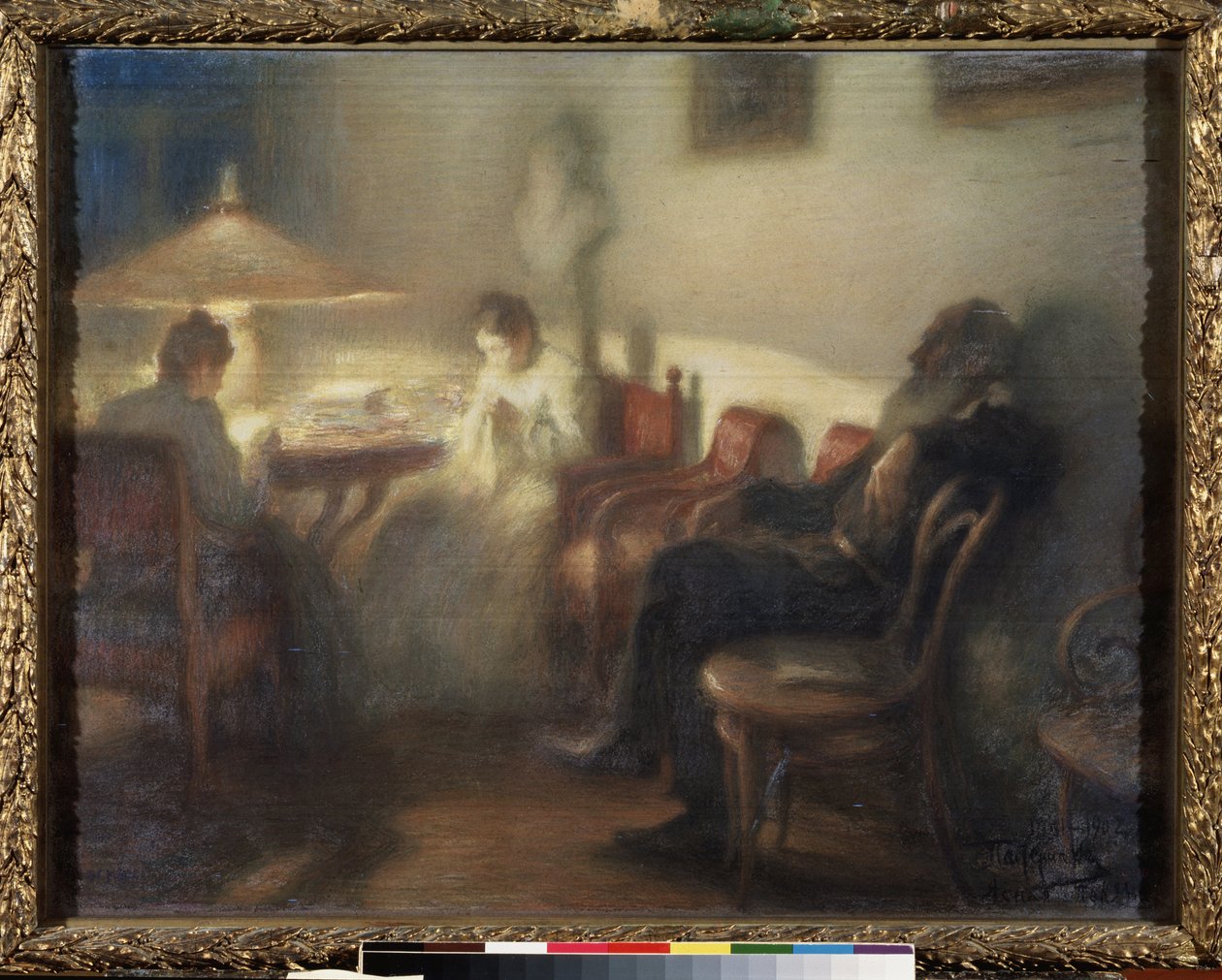 El escritor León Tolstoi (1828-1910) con su familia en Yasnaya Polyana (El autor León Tolstoi con su familia en Yasnaya Polyana). Obra de Leonid Osipovich Pasternak (1862-1945), pastel sobre papel de Leonid Osipovic Pasternak