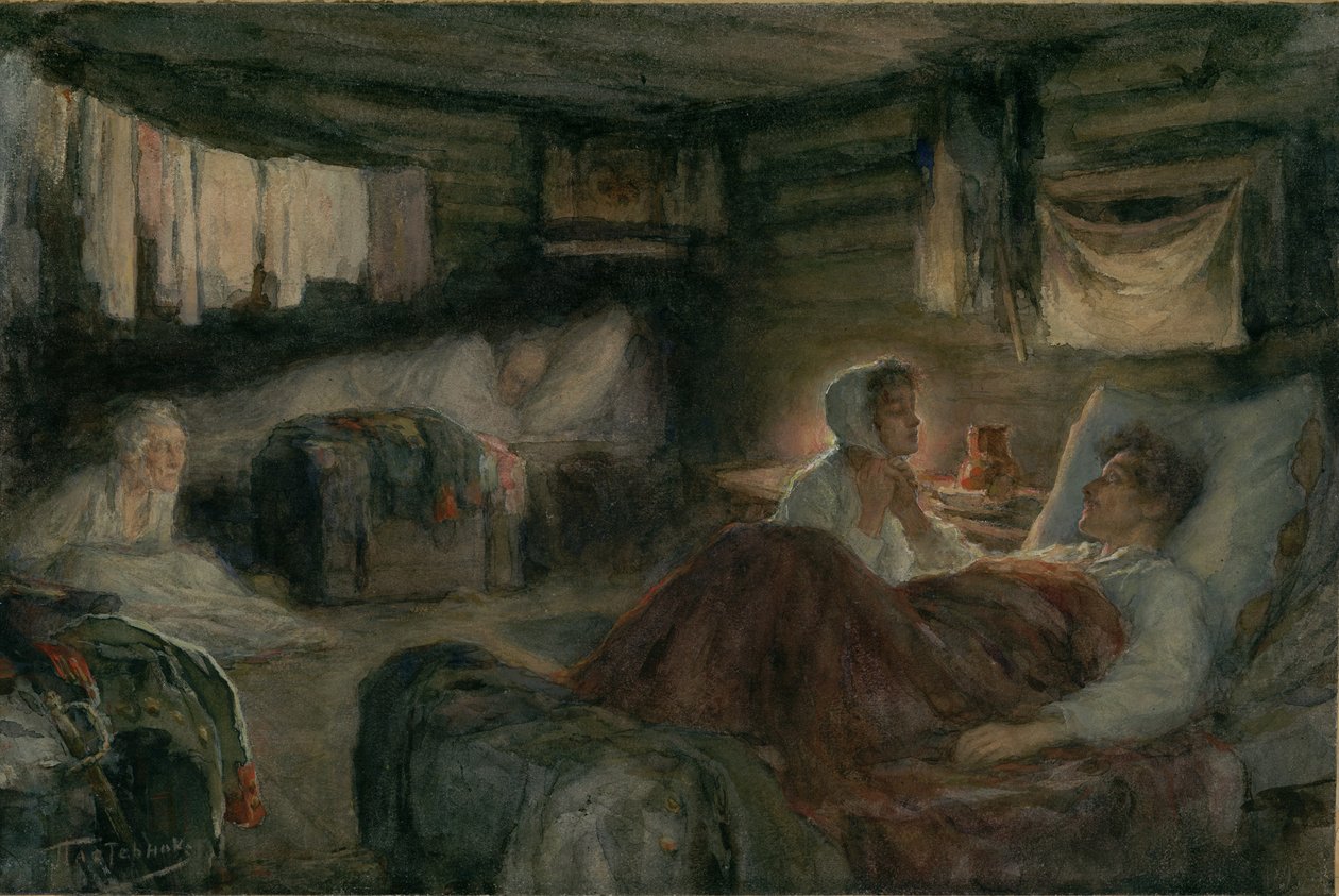 Natasha y el príncipe Andrei herido en Mytishchi. Ilustración para la novela Guerra y Paz, 1893 de Leonid Osipovich Pasternak