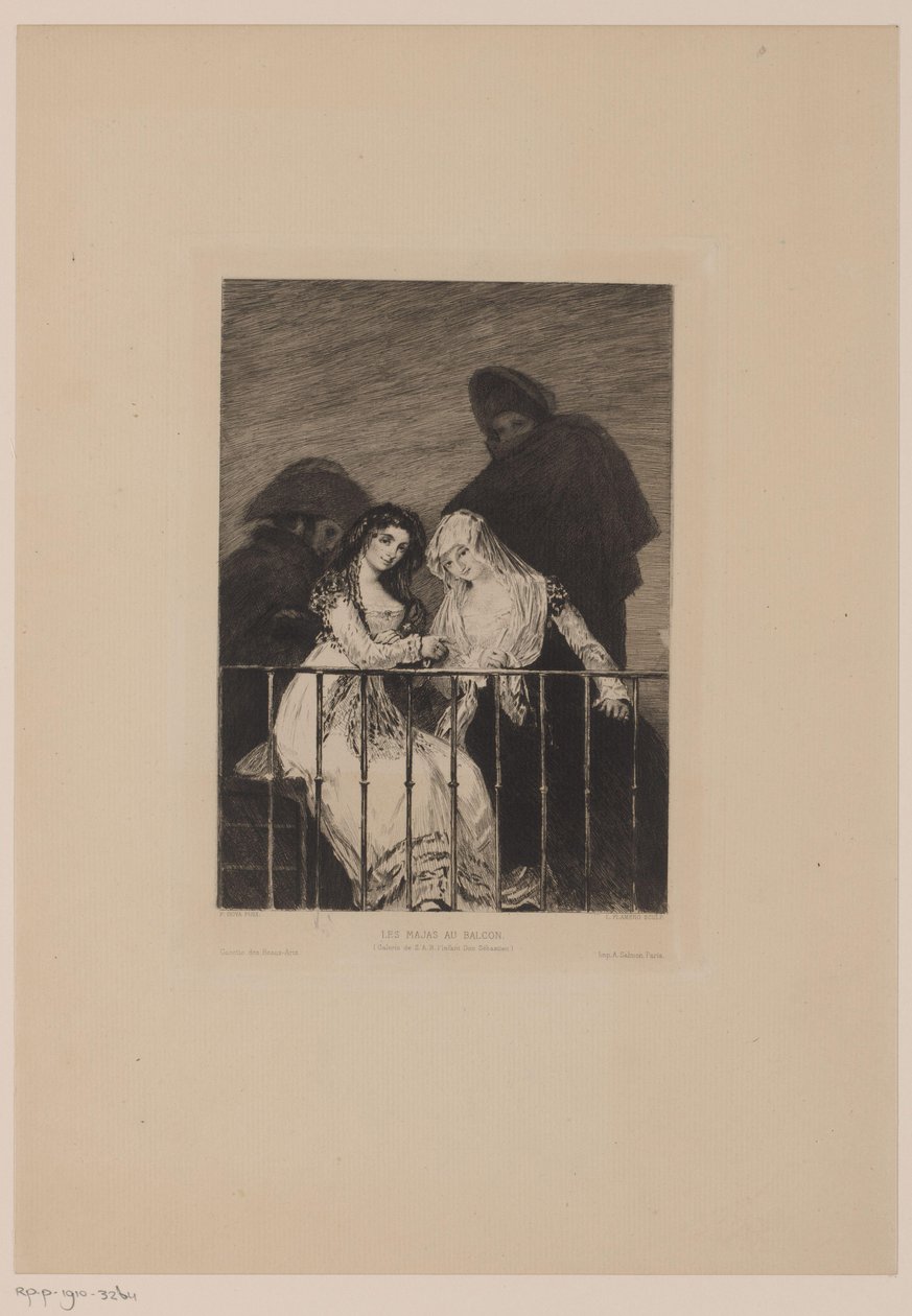 Dos mujeres con dos hombres en la sombra detrás de ellas. Les majas au balcon (título sobre objeto) de Leopold Flameng
