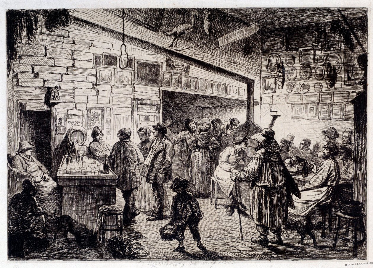 Vista del interior del cabaret del Conejo Blanco demolido en 1860 (grabado por Leopold Flameng) de Leopold Flameng