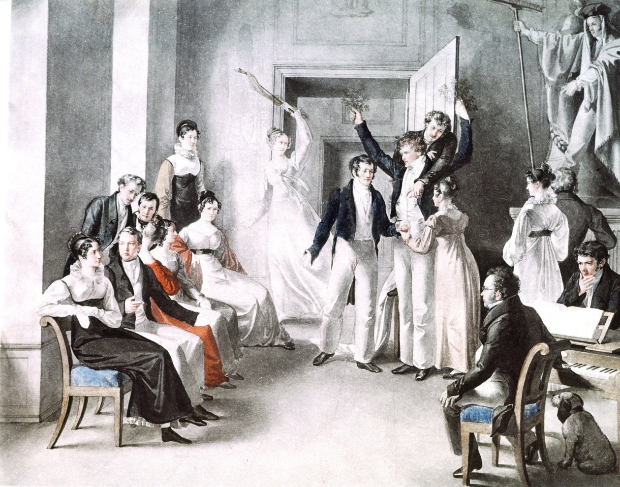 Reunión musical de schubertianos. Schubert está sentado en la silla a la derecha de Leopold Kupelwieser