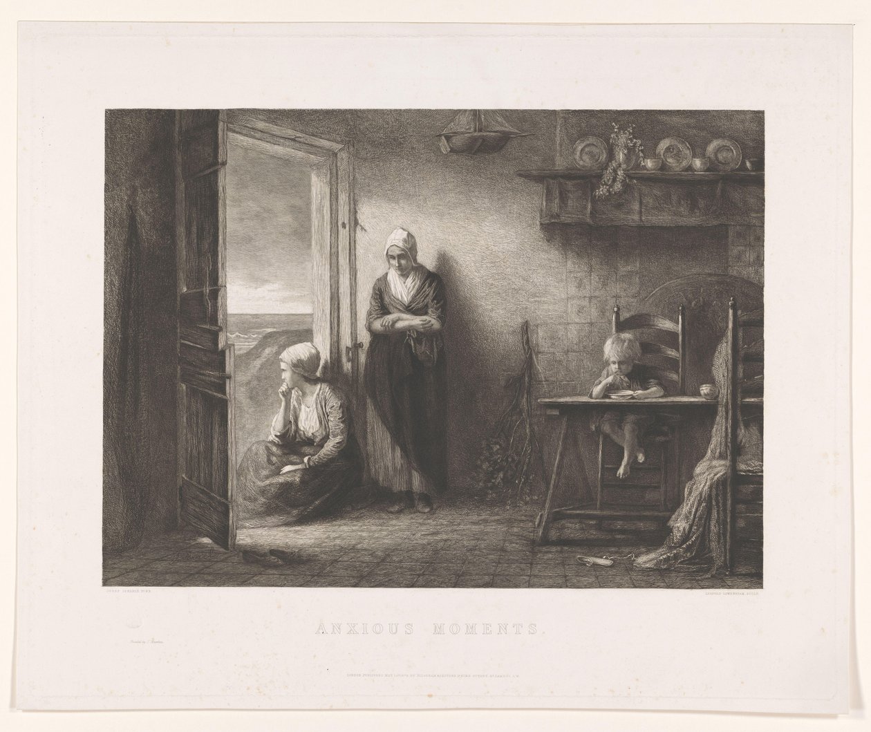 Dos mujeres y un niño en la casa de un pescador en las dunas Después de la tormenta Momentos ansiosos (título en el objeto) de Leopold Lowenstam