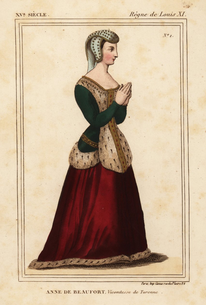 Ana Rogier de Beaufort, Vizcondesa de Turenne 1435-1479. Litografía coloreada a mano a partir de una vidriera de la iglesia de Cordelieres de Nantes en la carpeta VI 11 de Roger de Gaignieres de Le Bibliophile Jacob alias Paul Lacroix