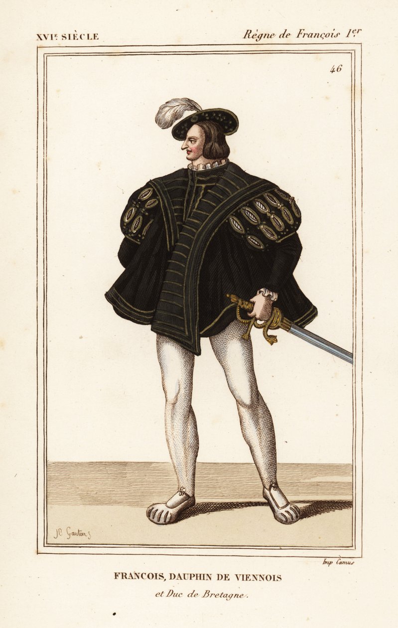 Francisco III, duque de Bretaña 1518-1536. Francisco, delfín vienés y duque de Bretaña. Litografía coloreada a mano por J.B. Gautier a partir de un retrato de la carpeta VIII 14 de Roger de Gaignieres de Le Bibliophile Jacob alias Costumes Historique de Pa de Leopold Massard