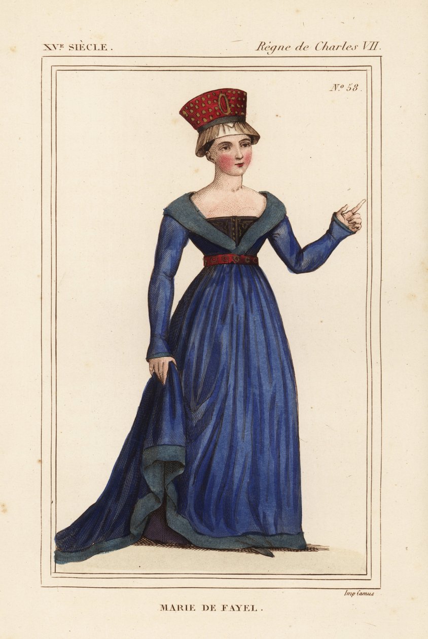 Marie de Fayel, condesa de Dammartin, esposa de Renaud de Nanteuil, señor de Acy y hermana de Jean de Fayel. Litografía coloreada a mano según una miniatura del manuscrito Histoire du Comte Gerard de Nevers en la carpeta VI 123 de Roger de Gaignieres de Le de Leopold Massard