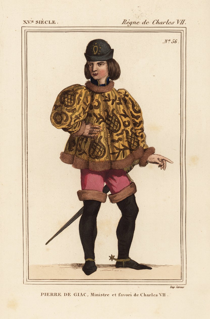 Pierre de Giac, chambelán del rey Carlos VII de 1377 a 1426. Ejecutado por ahogamiento en Dun-Le-Roi. Viste sotana corta con mangas mahoitres, pantalón rosa y botas con espuelas. Litografía coloreada a mano según una miniatura de un manuscrito Histoire du de Leopold Massard