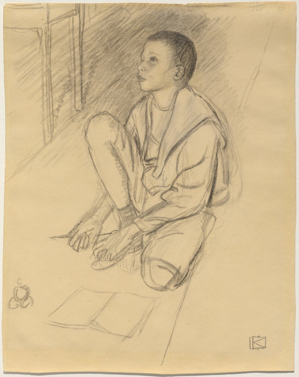 El hijo del artista, Wolf, agachado en el suelo de Leopold von Kalckreuth