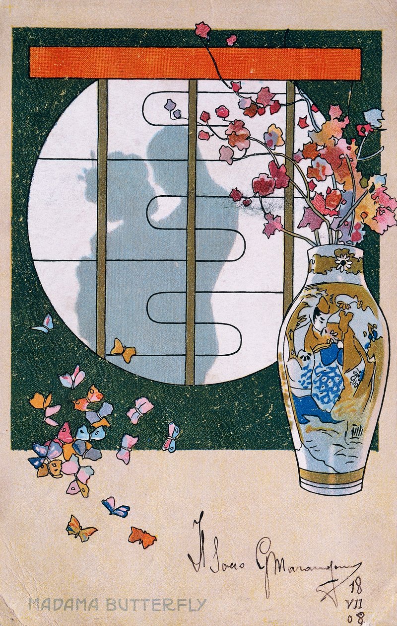 Postal creada para el estreno de "Madame Butterfly", en Brescia de Leopoldo Metlicovitz
