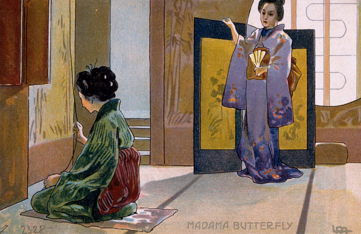 Tarjeta postal creada para el estreno de "Madame Butterfly", en Brescia de Leopoldo Metlicovitz