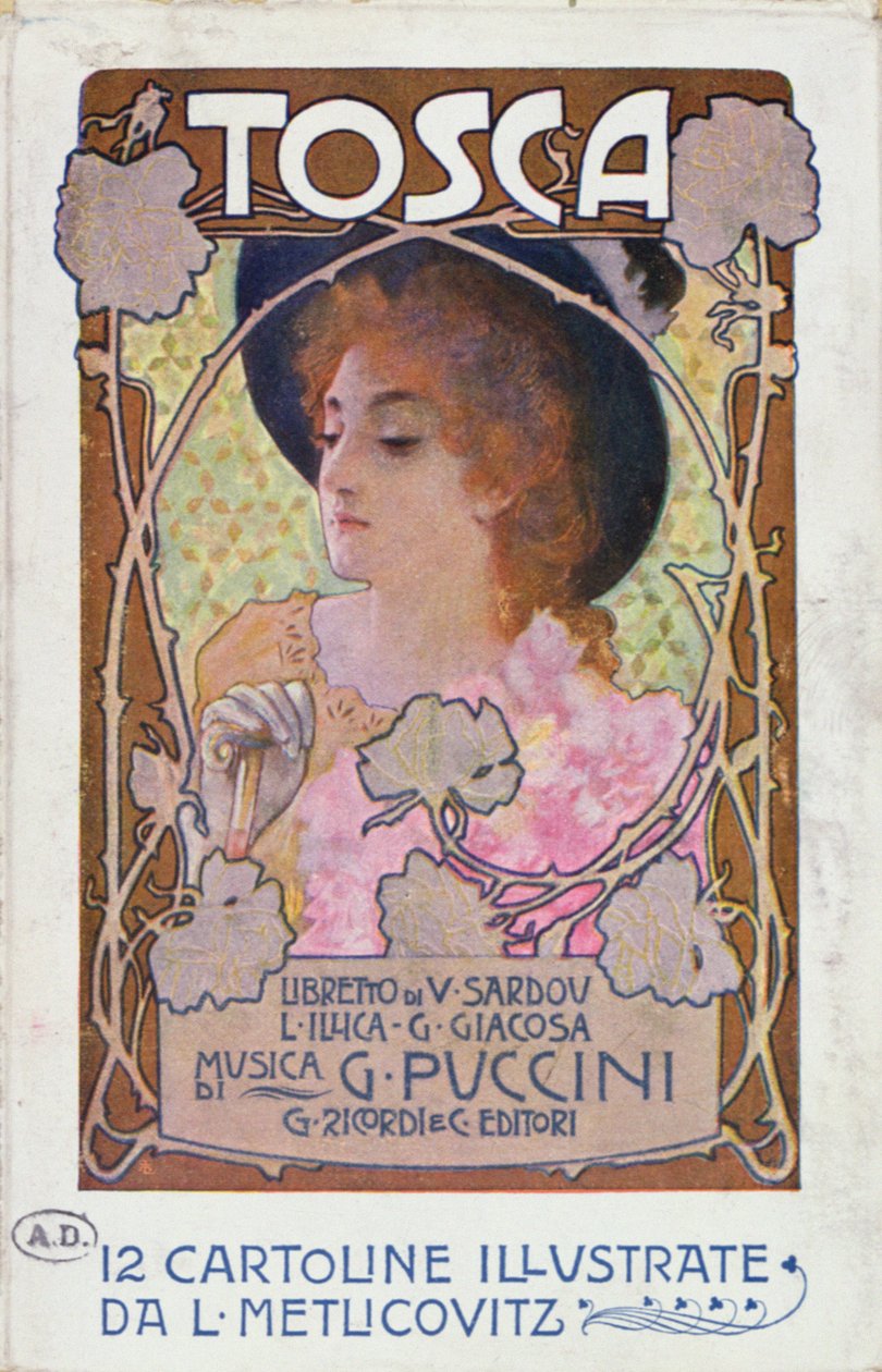 Página de título de la partitura de la ópera Tosca de Puccini, c.1910 (litografía en color) de Leopoldo Metlicovitz