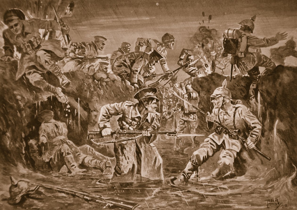Tropas británicas, bajo las órdenes del Mayor Borrett, retomando una trinchera en Zillebeke capturada por el enemigo de Leslie Mosley
