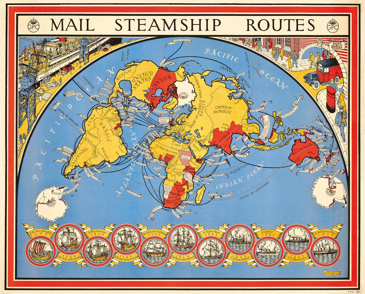 Cartel que anuncia las rutas de los barcos de vapor de correo de Leslie MacDonald Gill