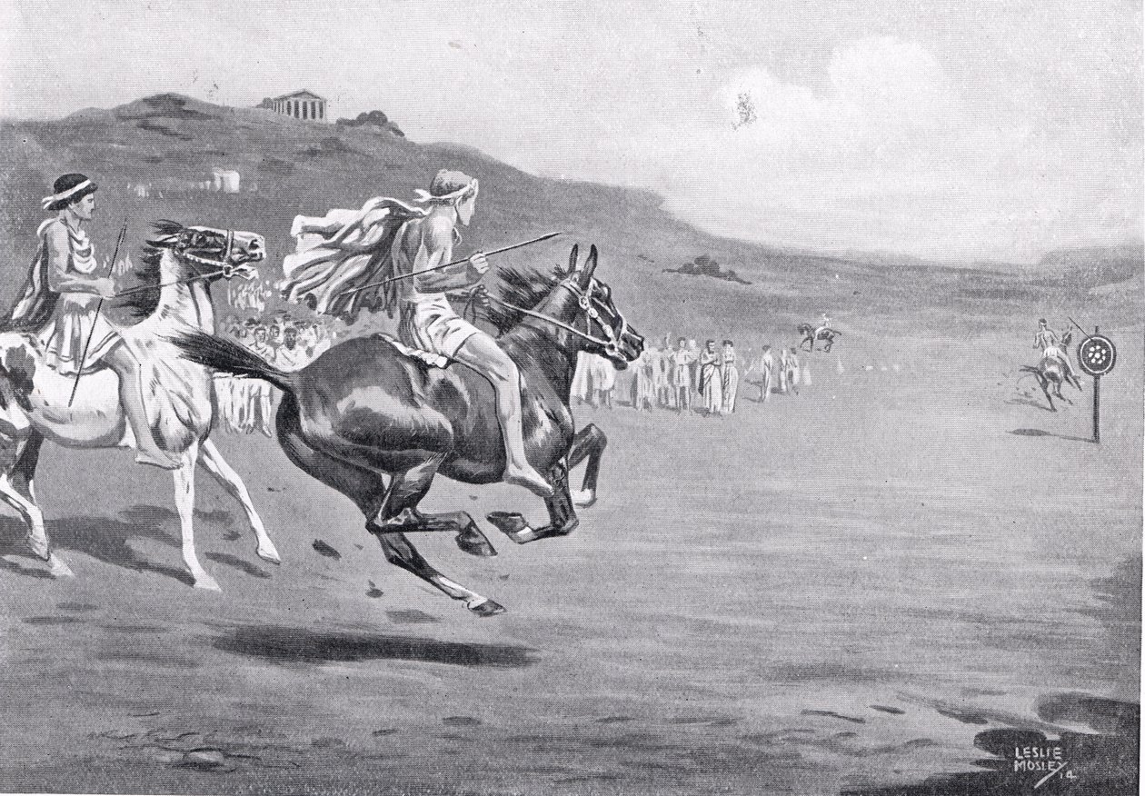 Jinetes griegos lanzando la jabalina, ilustración de 