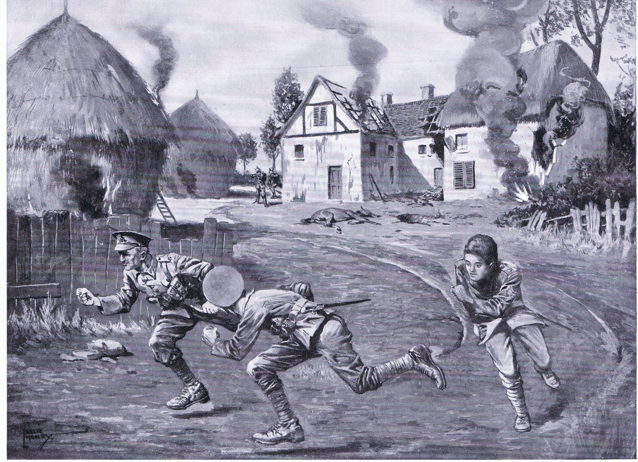 El sargento Cooper y dos camaradas corriendo bajo fuego enemigo después de incendiar una granja y varios pajares de Leslie Mosley
