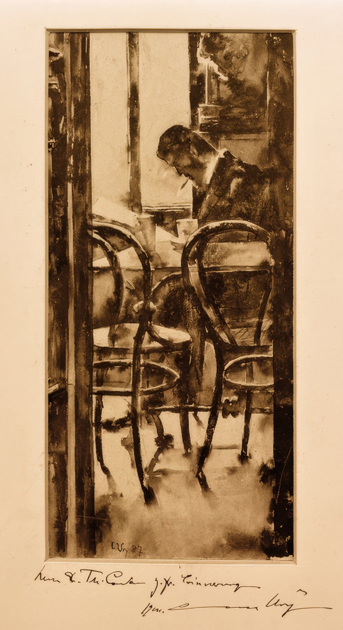 Café Gelber en Hamburgo (Hombre leyendo el periódico en el café) de Lesser Ury