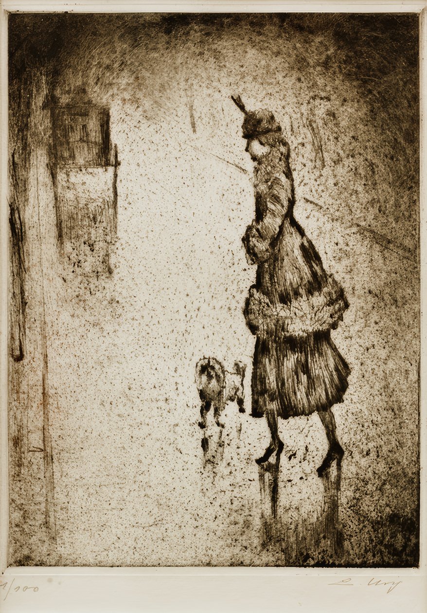Dama con caniche en calle mojada por la lluvia (carruaje a la izquierda) de Lesser Ury