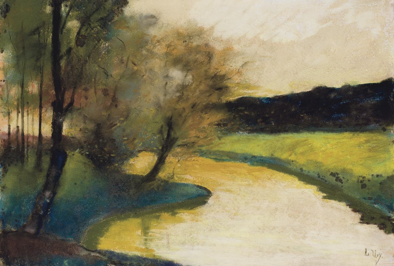 Paisaje otoñal con arroyo a la luz del atardecer de Lesser Ury