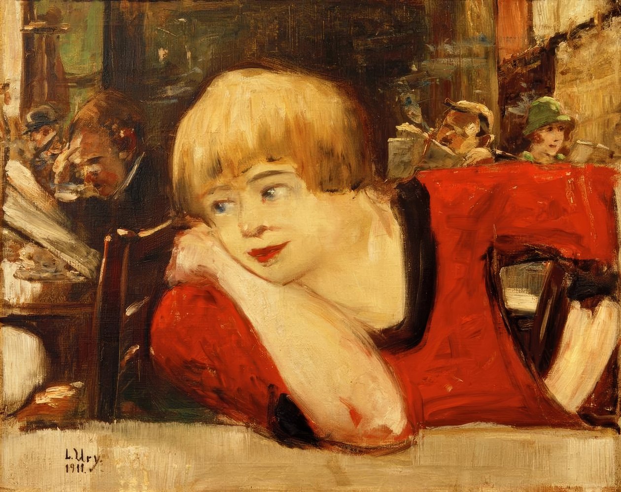 En el café. Mujer de rojo de Lesser Ury