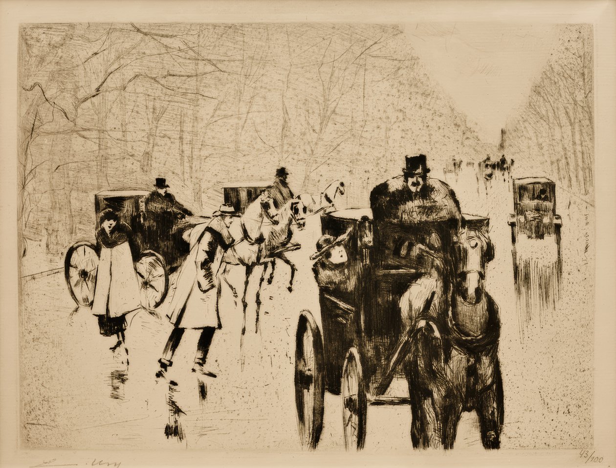 Alameda del parque zoológico en invierno con coches de caballos de Lesser Ury