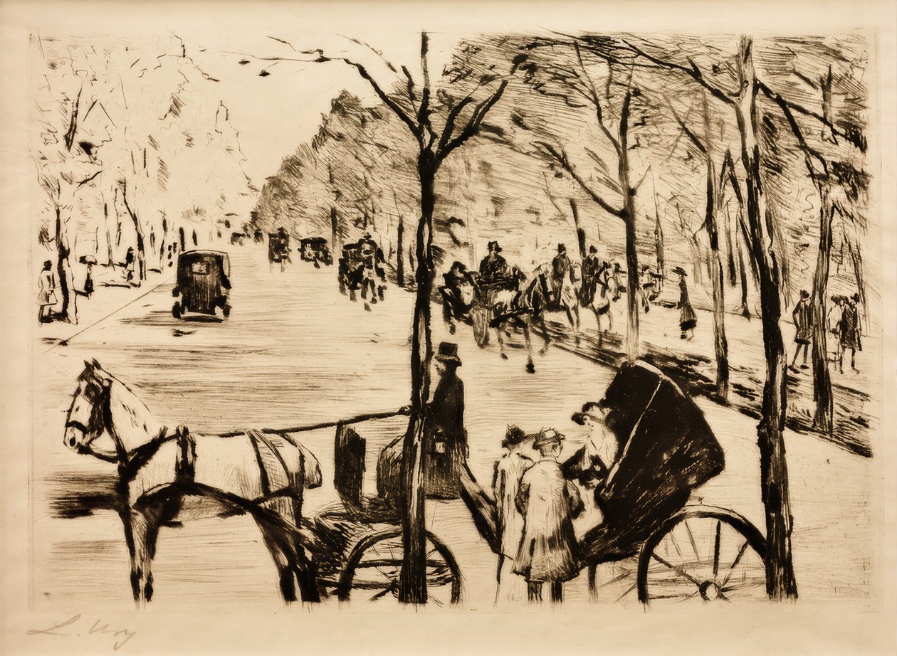 Alameda en el Tiergarten con carruaje en primer plano de Lesser Ury