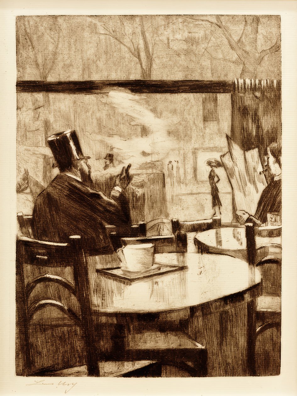 Hombre con sombrero de copa frente a una ventana de café - Vista trasera de Lesser Ury
