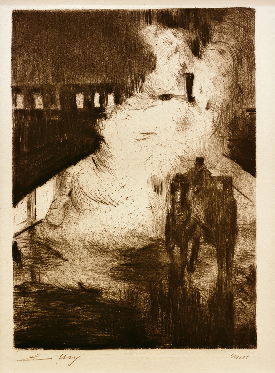L.Ury, Impresiones nocturnas (con coche frente a vapor de locomotora) de Lesser Ury