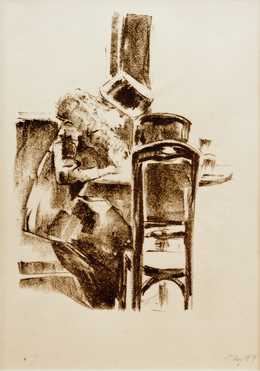 Dama escribiendo con sombrero y boa en el café de Lesser Ury