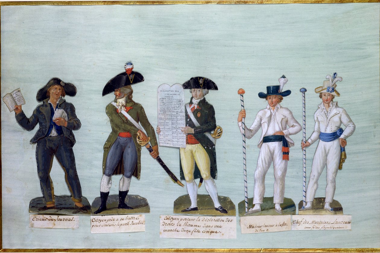 Un vendedor de periódicos, un ciudadano listo para luchar, un ciudadano llevando la Declaración de los Derechos del Hombre y dos barqueros (gouache sobre cartón) de Lesueur Brothers
