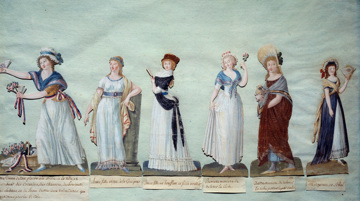 Diferentes mujeres jóvenes representando la moda femenina durante la Revolución de Lesueur Brothers