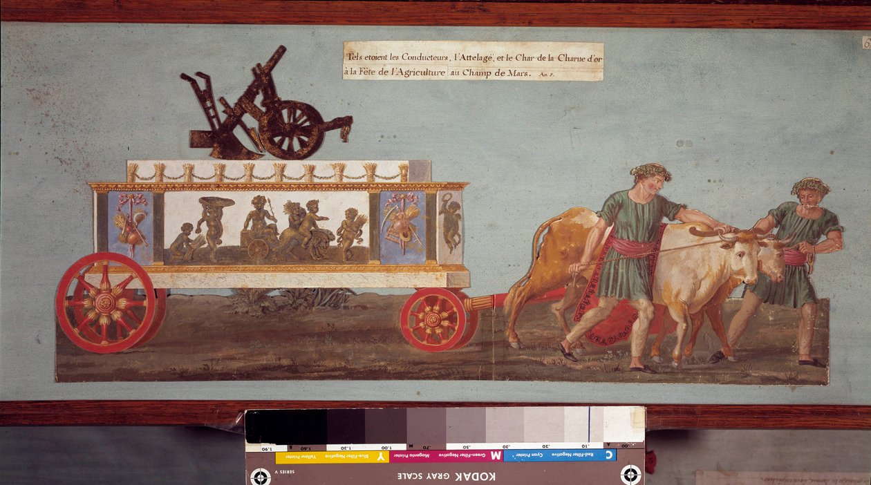 Fiesta de la agricultura, carro de la Fiesta Revolucionaria arado de oro que comenzó en 1799 en los Campos de Marte. Gouache de los hermanos Lesueur (siglo XVIII), París Museo Carnavalet de Lesueur Brothers