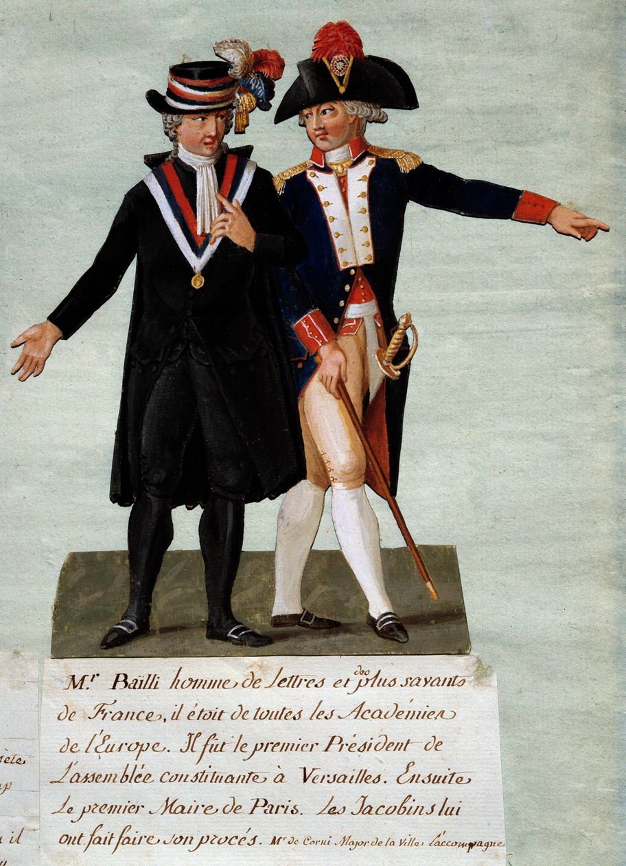 Revolución Francesa: representación de Jean Sylvain Bailly (1736-1793), presidente de la Asamblea Constituyente de Versalles y luego alcalde de la ciudad de París, ordenó disparar a los jinetes que apuntaban a derrocar al rey el 17/07/1791 en el Campo de M de Lesueur Brothers