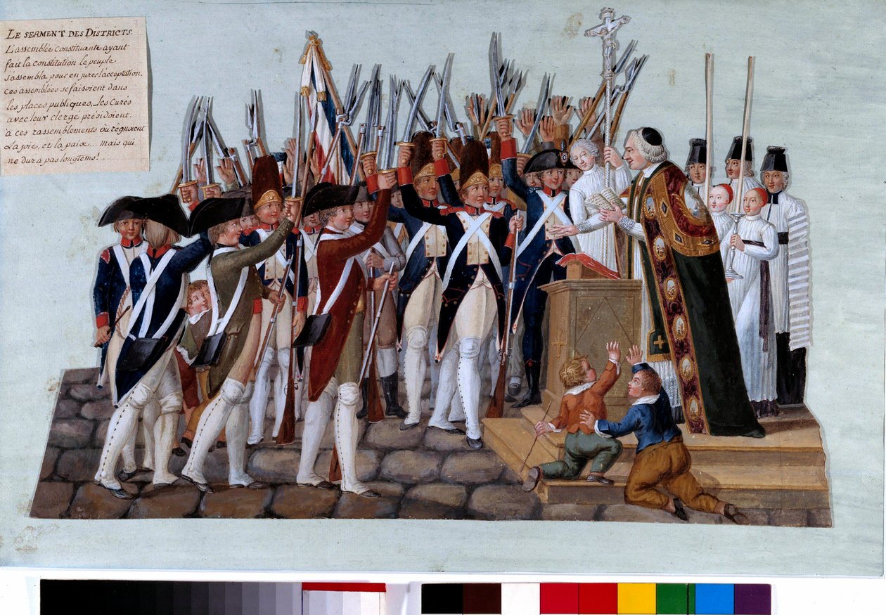 Revolución francesa: el juramento de los distritos. Después de la proclamación de la Constitución, el pueblo se reunió en las plazas públicas, los curas presidieron las reuniones. Gouache de los hermanos Lesueur (siglo XVIII). 1789. París, Museo Carnavalet de Lesueur Brothers