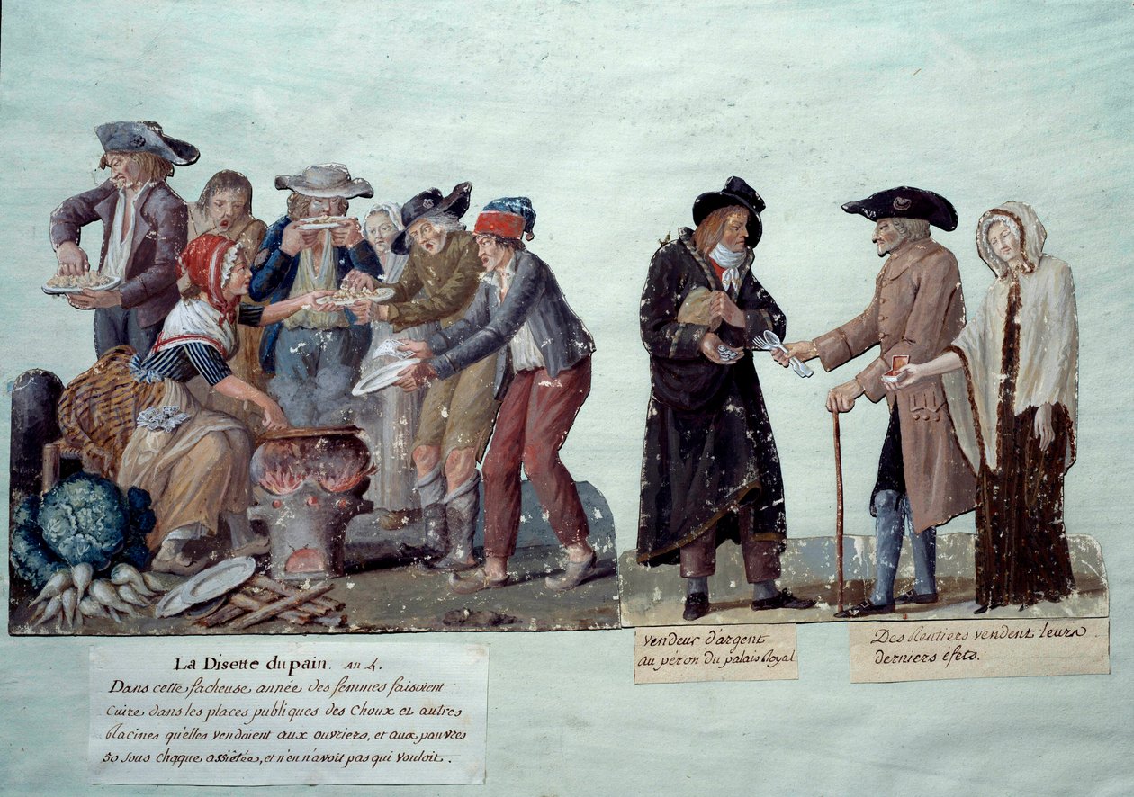 Escenas bajo la Revolución Francesa: "escasez de pan, vendedor de dinero y rentistas vendiendo sus efectos". Gouache de los hermanos Lesueur, circa 1789. Museo Carnavalet, París de Lesueur Brothers