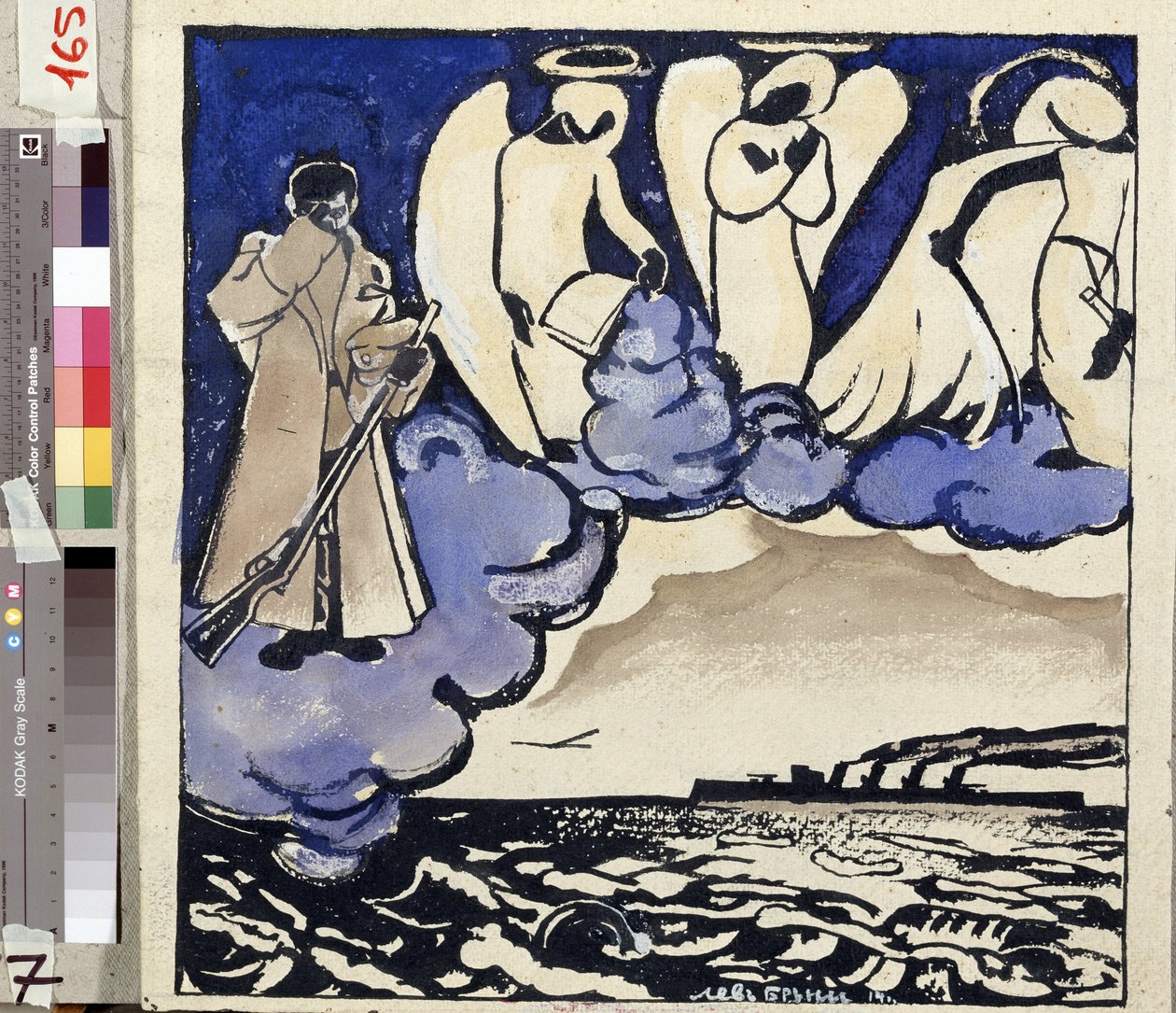 "Guerra". Rusia. 1914" Alegoría de la Primera Guerra Mundial. Un soldado y los ángeles. Pluma y gouache de Lev Bruni (1894-1948) 1914 Museo Estatal de Historia, Arquitectura y Arte, Rybinsk, Rusia de Lev Aleksandrovitc Bruni