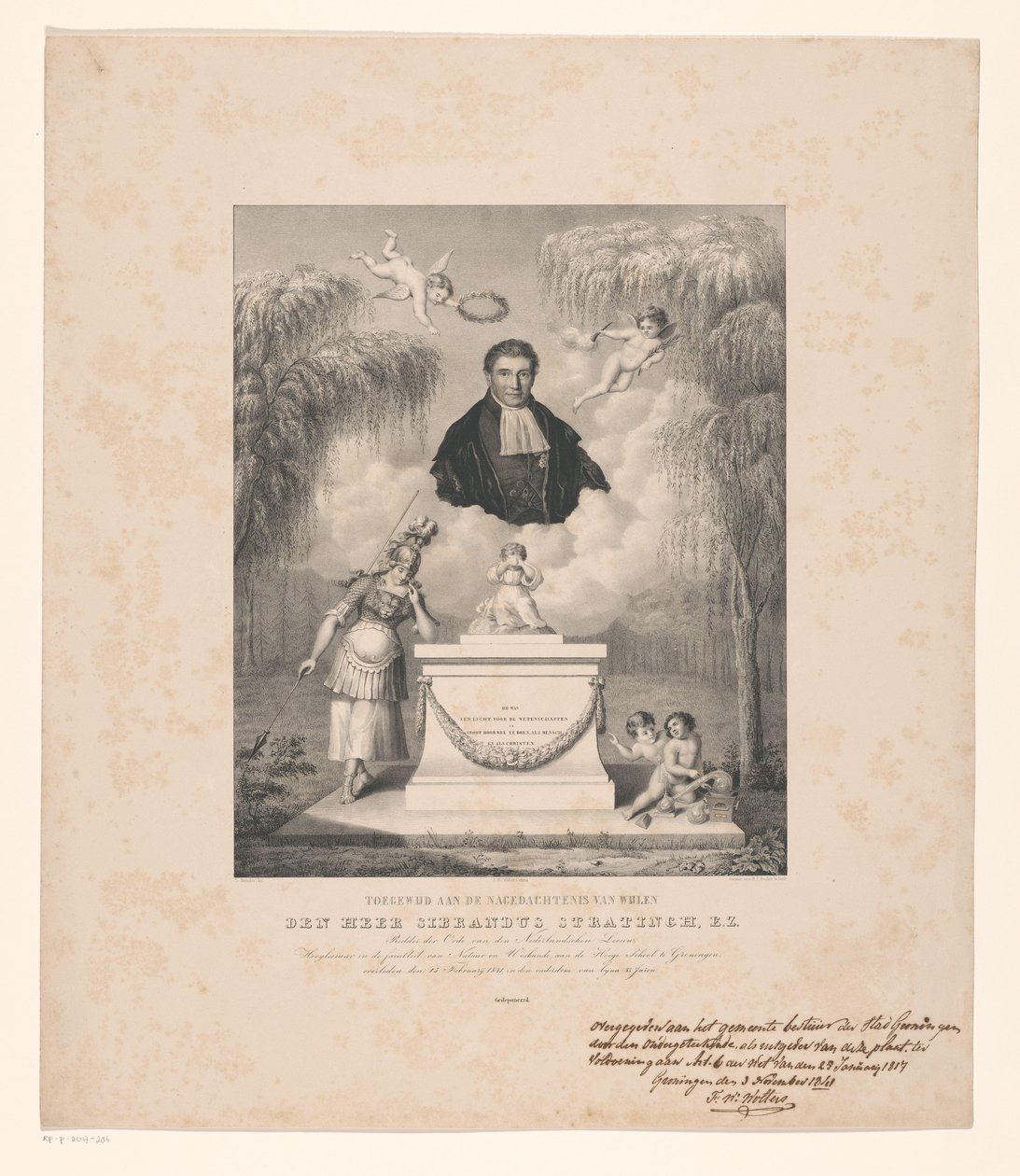 Retrato de Sibrandus Stratingh Dedicado a la memoria del difunto Sr. Sibrandus Stratingh, E.Z. (título en el objeto) de Levi Michiel Bendix