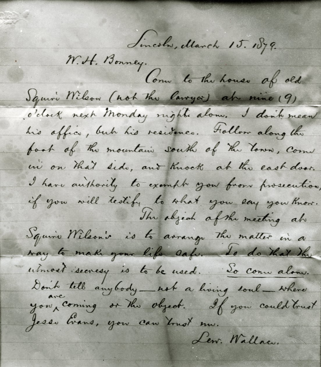 Carta de Lew Wallace a W. H. Bonney (1860-81) 15 de marzo de 1879 de Lew Wallace