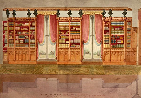 Elevación del lado sur de la biblioteca, Snelston Hall, Derbyshire de Lewis Nockalls Cottingham