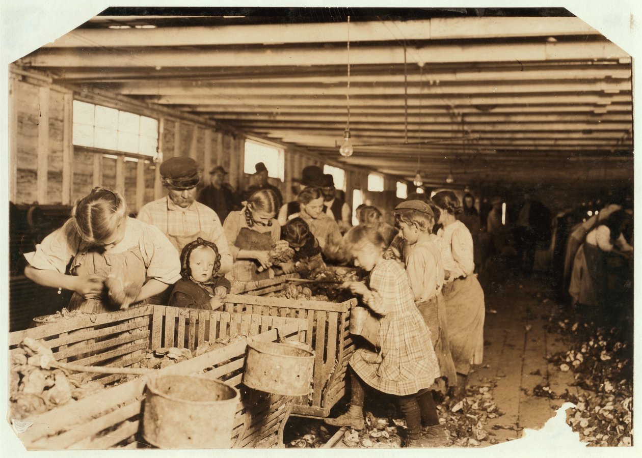 Rosy de 8 años trabaja 14 horas al día como desgranadora de ostras en Dunbar Cannery, Luisiana, 1911 de Lewis Wickes Hine
