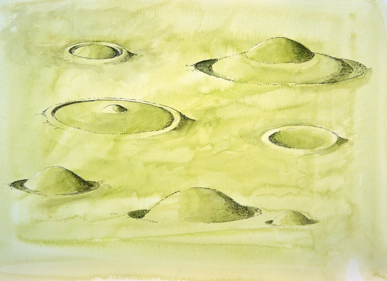 Tipos de túmulos de la Edad de Bronce (acuarela sobre papel) de Liam Wales