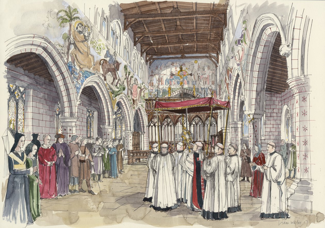 Procesión ceremonial en la iglesia de San Pedro, Barton-upon-Humber, Lincolnshire (acuarela sobre papel) de Liam Wales