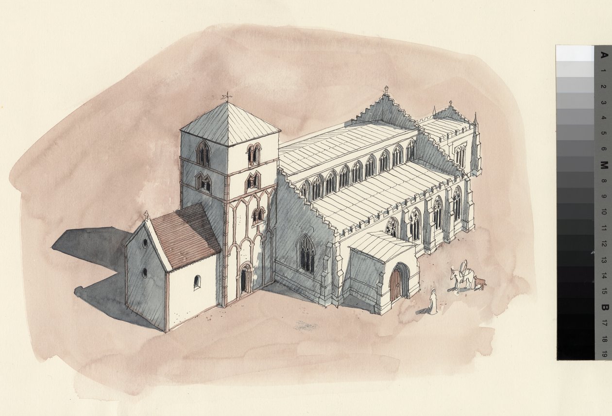 Dibujo de reconstrucción de la iglesia de San Pedro en el siglo XVIII (acuarela sobre papel) de Liam Wales