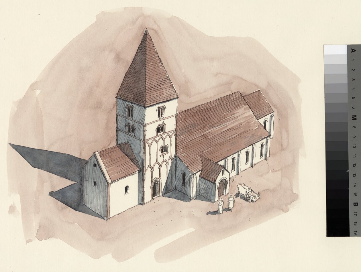 Dibujo de reconstrucción de la iglesia de San Pedro en época normanda (acuarela sobre papel) de Liam Wales
