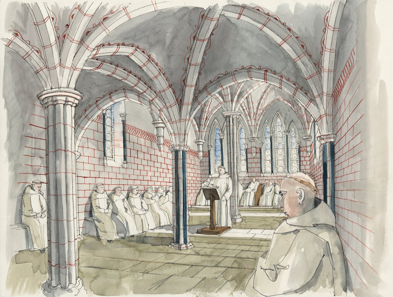Reconstrucción de la sala capitular de la abadía de Shap c.1530 (acuarela sobre papel) de Liam Wales
