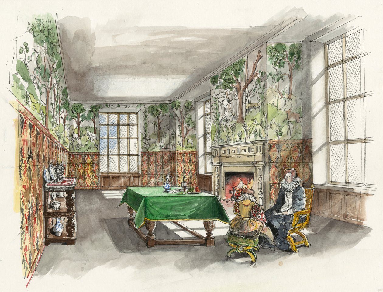 Reconstrucción de la Gran Cámara del Bosque en Hardwick Old Hall en 1601 (acuarela sobre papel) de Liam Wales