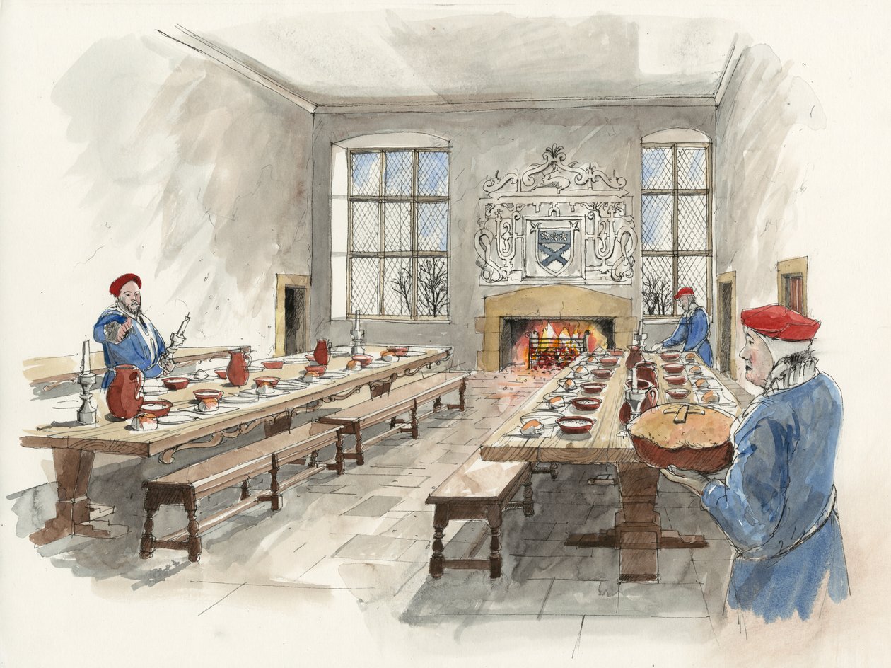 Reconstrucción del Gran Salón de Hardwick Old Hall en 1601 (acuarela sobre papel) de Liam Wales