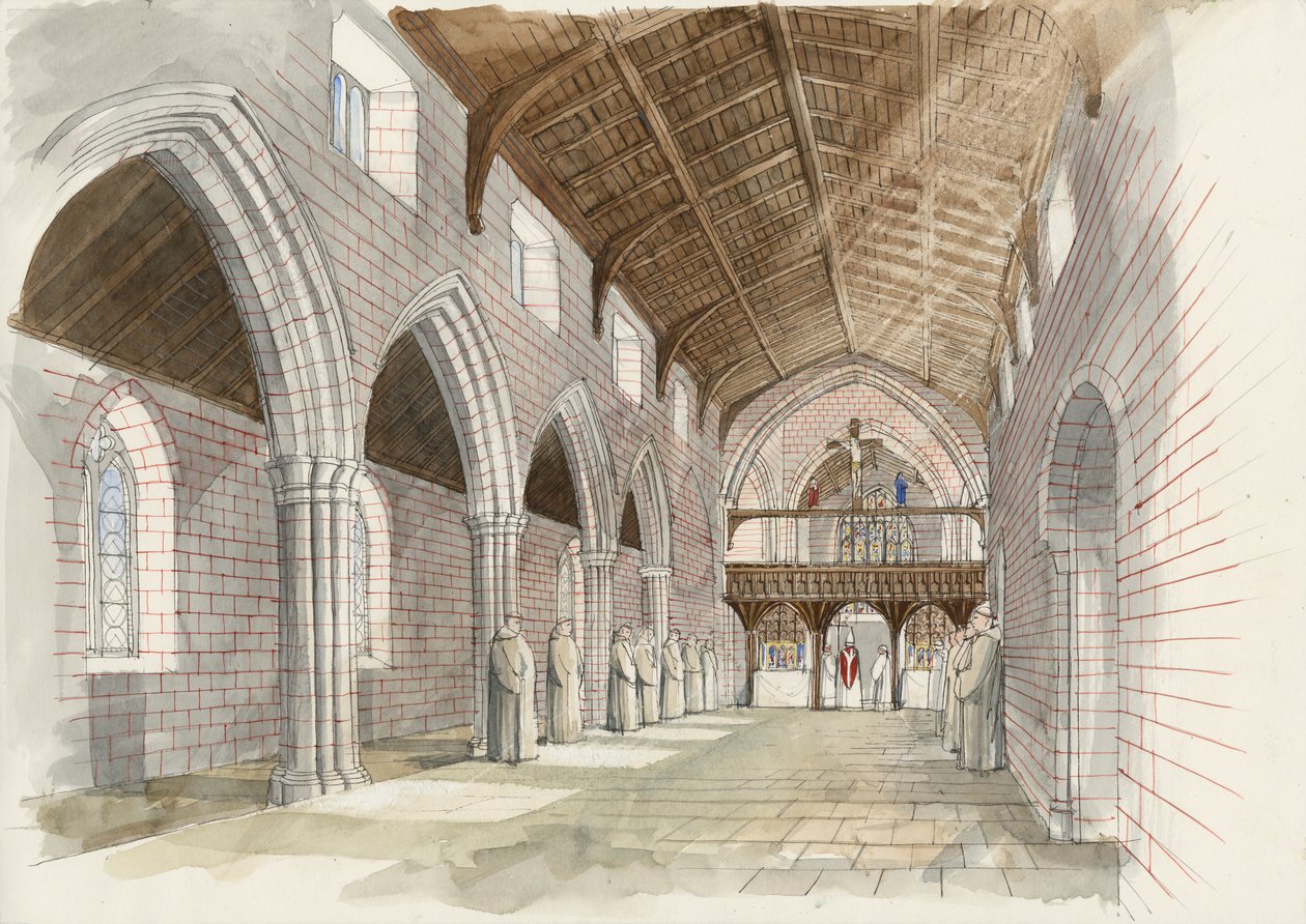 Reconstrucción de la nave de la iglesia abacial de Shap Abbey c.1530 (acuarela sobre papel) de Liam Wales